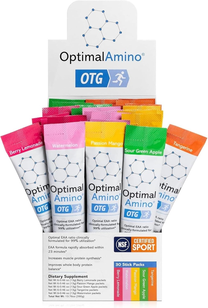 OptimalAmino OTG Stick Packs, 5 Flavor Variety Box (30 Nombre), 99 % de supplément utilisé de l'acide aminé essentiel (EAA), augmenter la récupération musculaire, Vegan/Keto avant/après l'entraînement, NSF certifié pour le sport