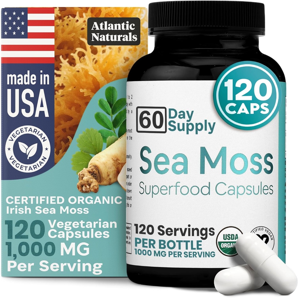 Atlantic Naturals Sea Moss Capsules mit Moringa, Ashwagandha, Black Seed Oil, Ginger & Ginseng – Atlantic Sea Moss Supplements für Männer und Frauen – für Daily Energy & Wellness Blend – 120 Count