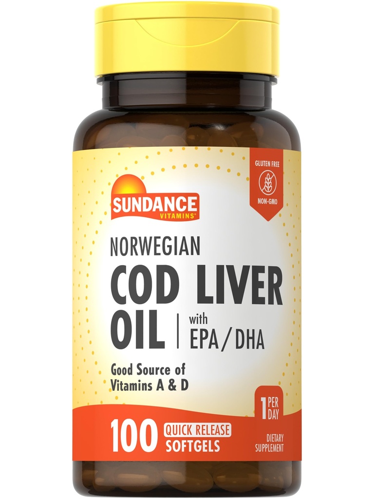 Sundance Norwegian Cod Liver Oil | 100 Softgels | mit EPA und DHA | Gute Quelle der Vitamine A & D | Non-GMO und Gluten Kostenlose Ergänzung