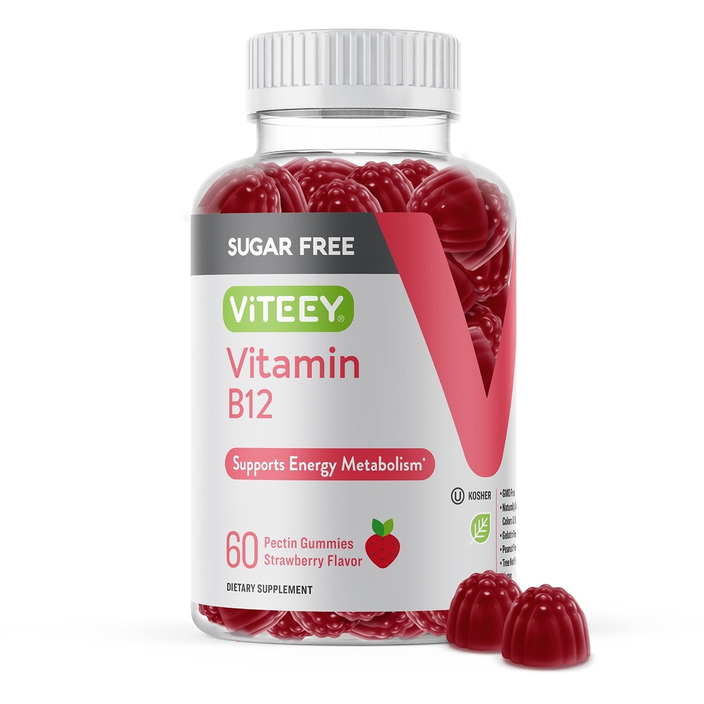 Viteey Vitamine B12 Gummies pour adultes et adolescents 1000mcg, sans sucre - Bon pour l'énergie, le métabolisme, le soutien de l'énergie naturelle - végétalien, sans gélatine, sans gluten, sans OGM - aromatisé aux fraises à croquer