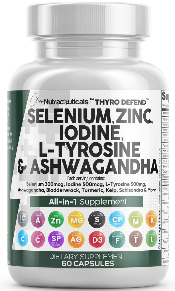 Clean Nutra Sélénium 300mcg Iodine 500mcg Thyroïde Support pour les femmes & les hommes L Tyrosine 500mg Supplément Ashwagandha Bladderwrack, Turmeric, Kelp, Schisandra Zinc Pills Capsule Suppléments