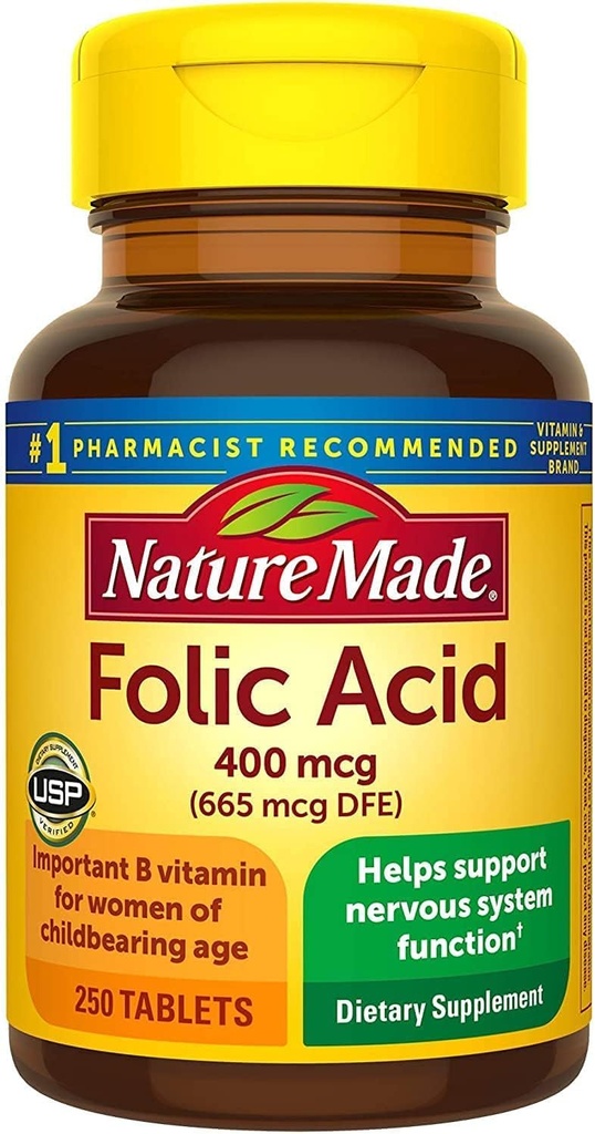 Acide folique naturel 400 mcg comprimés, 250 comprimés