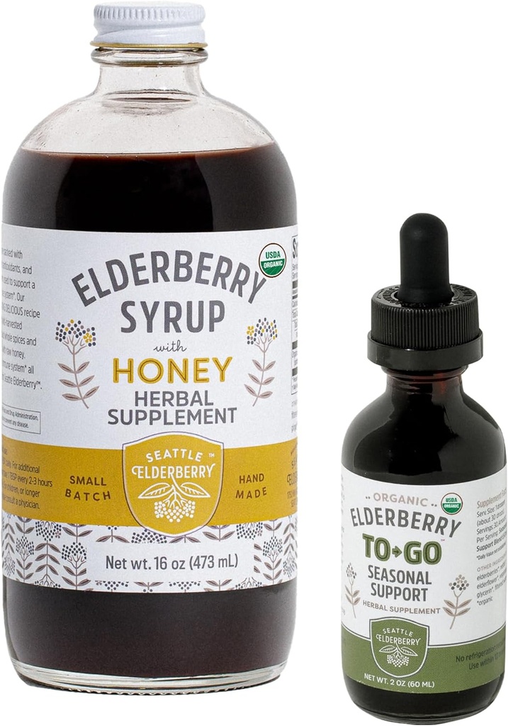 Herbal Supplement Starter Set – Eine 16oz Flasche Elderberry Syrup mit Honig &amp; eine 2oz Flasche Elderberry to-Go Saisonale Unterstützung Hergestellt aus nur organischen Zutaten in den USA