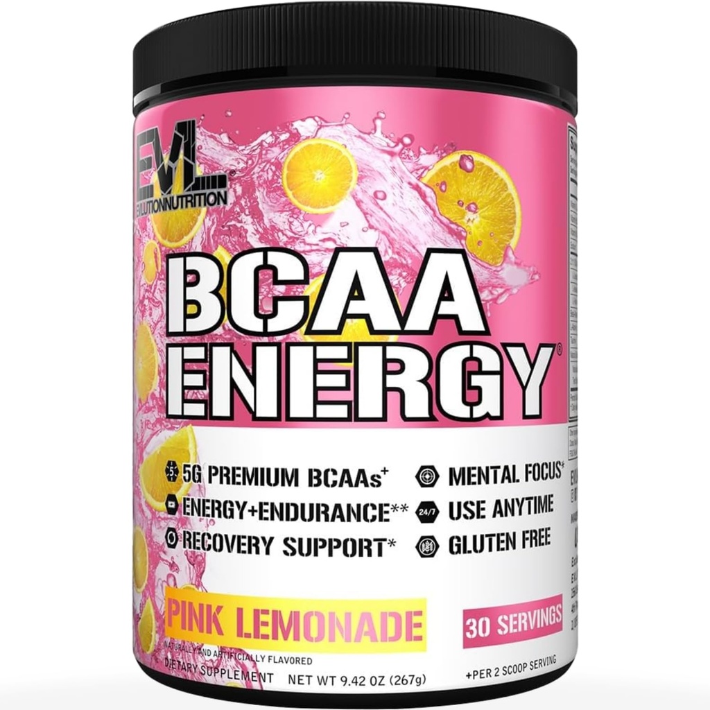 EVL BCAAs Aminosäuren Pulver - BCAA Energy Pre Workout Pulver für Muskel-Recovery Lean Wachstum und Ausdauer - Rehydrating Post Workout Recovery Drink mit natürlichem Koffein - Pink Lemonade