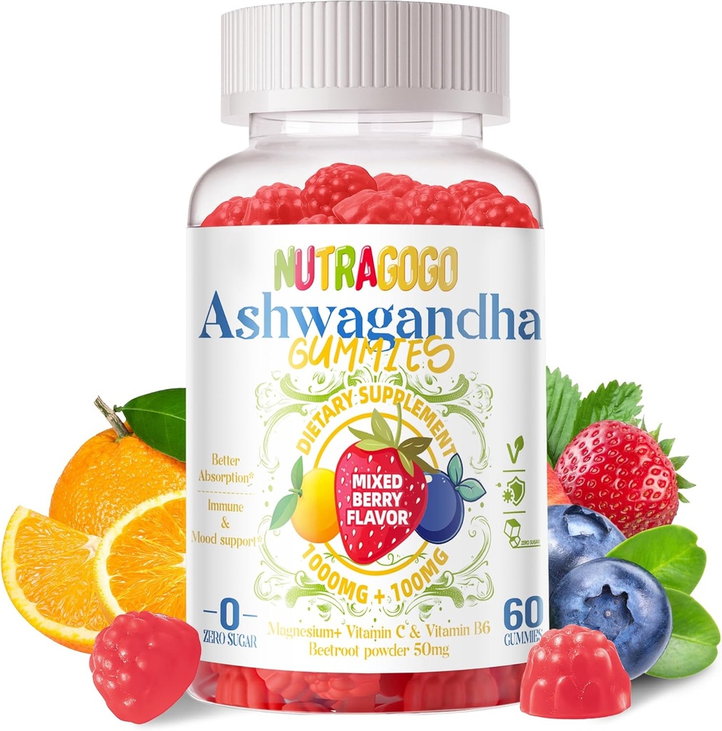 Ashwagandha Gummies & Vitamin D3 Gummies 60 Count - Organic Aswangdha Supplement zur Verbesserung von Schlaf, Stress-Relief & Mood-Beruhigung (Mixed Berry, Vegan, Plant Based,Gluten-Free & Gelatin Free)-1pack