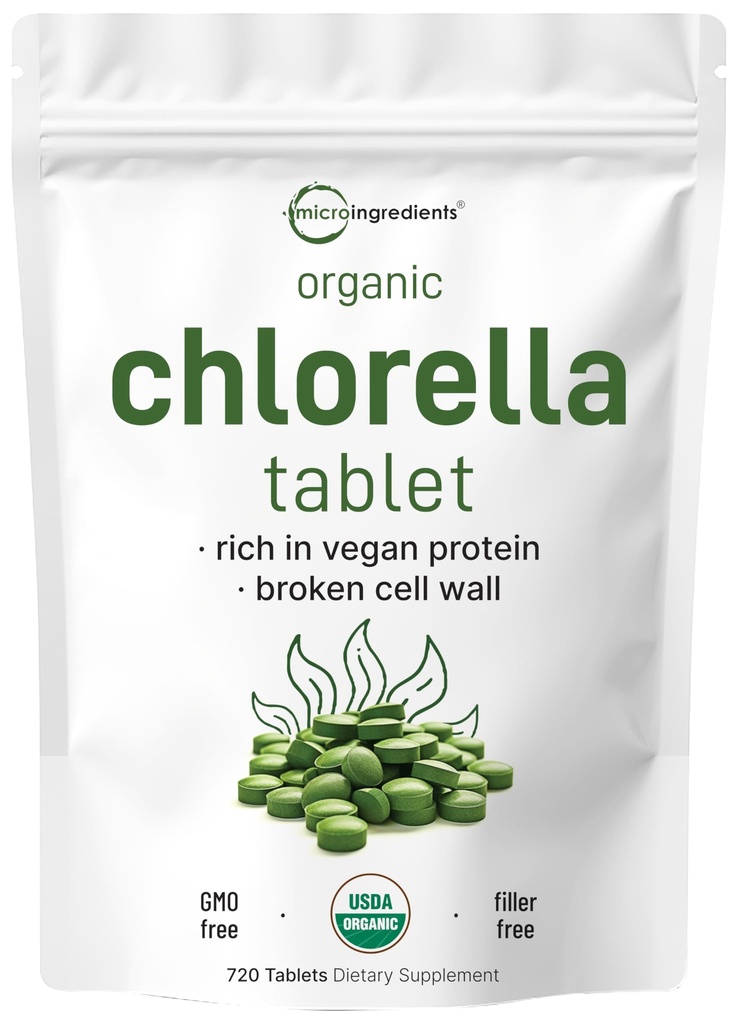 Organische Chlorella Tabletten, 500mg pro Tablet, 720 Tabs (360 Gramm), 4 Monate Versorgung, Gebrochene Zellwand, Reich an Vegan Protein & Vitamine, kein Füllstoff, keine Additive & Nicht-GMO | Pure Green Algae Superfood