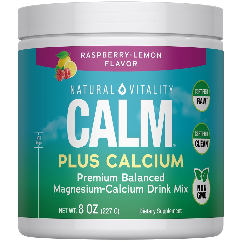 Natürliche Vitalität CALM Magnesium-Ergänzungsgetränk Mischung Plus Calcium, Anti-Stress-Getränk-Mischpulver, Mit Calcium, Vegetarisch & Non-GMO, Himbeere Zitronen, 8 Unzen