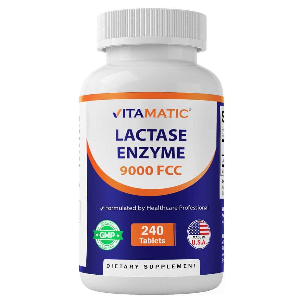 Vitamatic Lactase Enzym 9000 FCC 240 Tabletten - Lactose Intolerance Relief Caplets