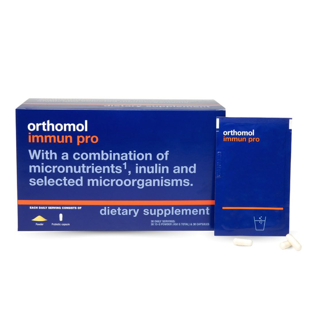 Orthomol Immun Pro, soutien immunitaire, supplément probiotique pour la santé de Gut, fibre prébiotique d'inuline, 30 jours d'approvisionnement, vitamine A, B, C, D, E, zinc, iode, probiotiques pour les femmes et les hommes, poudre quotidienne et gélule