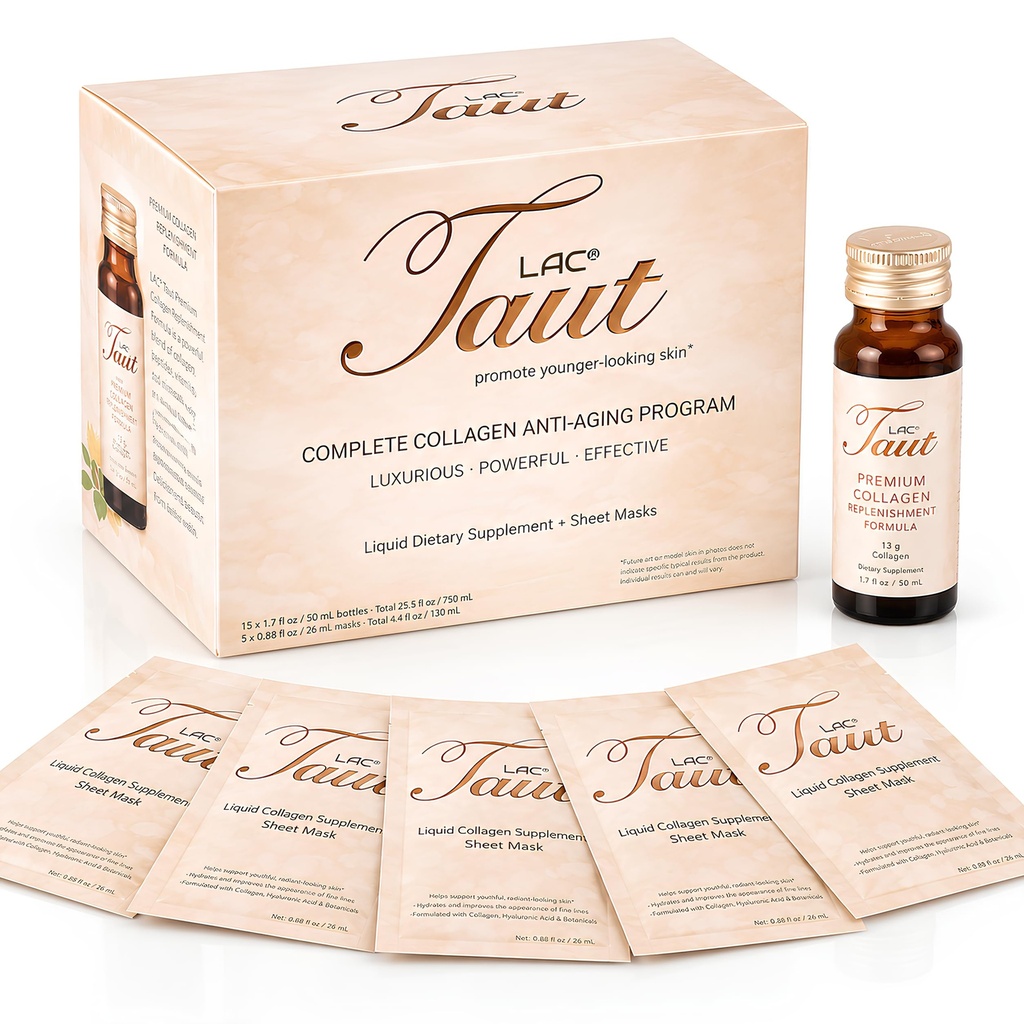 TAUT Marine Collagen Drink & Face Mask – 13.000mg hydrolysiertes Kollagenprotein mit Hyaluronsäure für jugendliche, strahlende Haut – Inklusive 15 Flaschen und 5 Masken (30-tägige Versorgung)