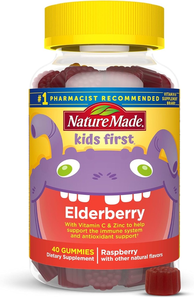 Nature Made Kids First Elderberry mit Vitamin C und Zink, Nahrungsergänzung für Immununterstützung, 40 Elderberry Gummies