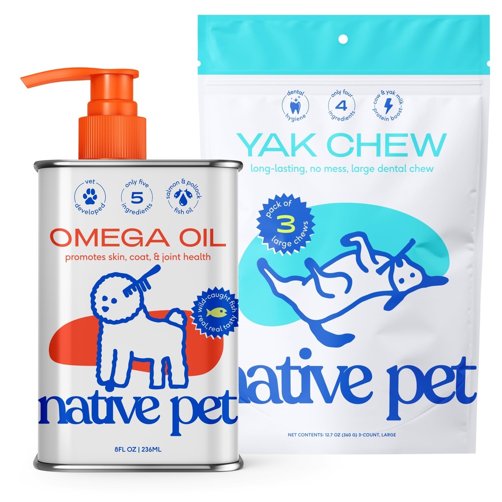 Huile d'Oméga pour chiens - Suppléments d'huile de poisson pour chiens & Chews de yak pour chiens