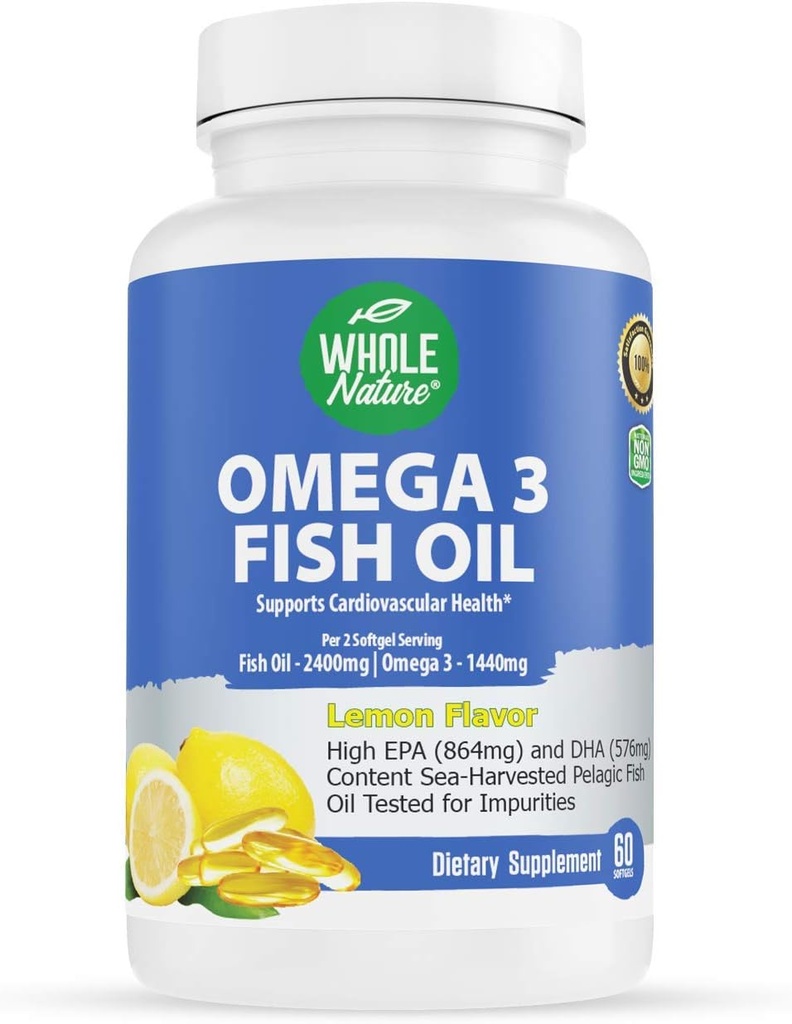 Omega 3 Fischöl-Ergänzungen, Maximale Stärke 2400 mg Omega-3, 1440mg Fischöl, EPA DHA Fettsäuren, Herzgesundheit, Vision, Auge, Gehirn, Immununterstützung für Frauen und Männer. Natürliche Zitronenflamme, 60 ct (1)