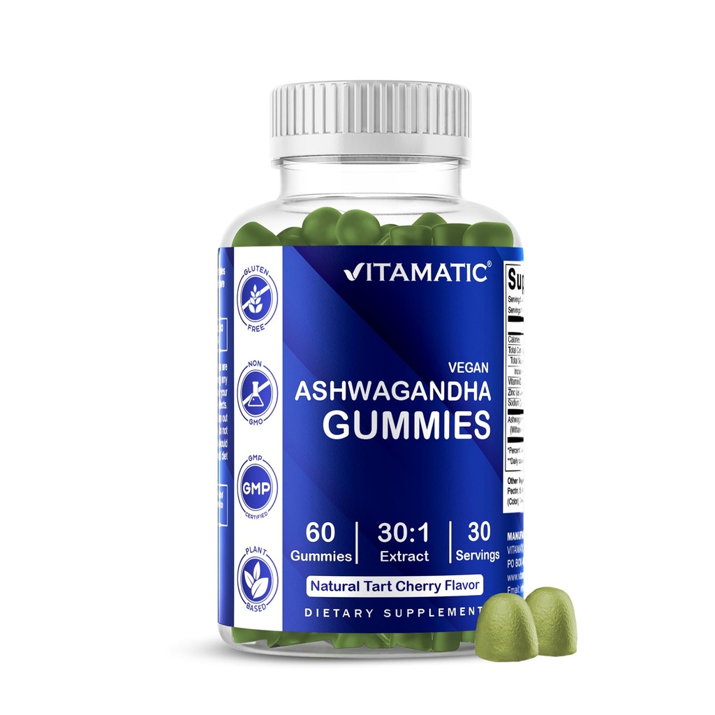 Vitamatic Ashwagandha Gummies 1500 mg Équivalent par service (à partir de 30:1 Extrait 50 mg) - 60 Gommies végétaliens - 3% Witanolides