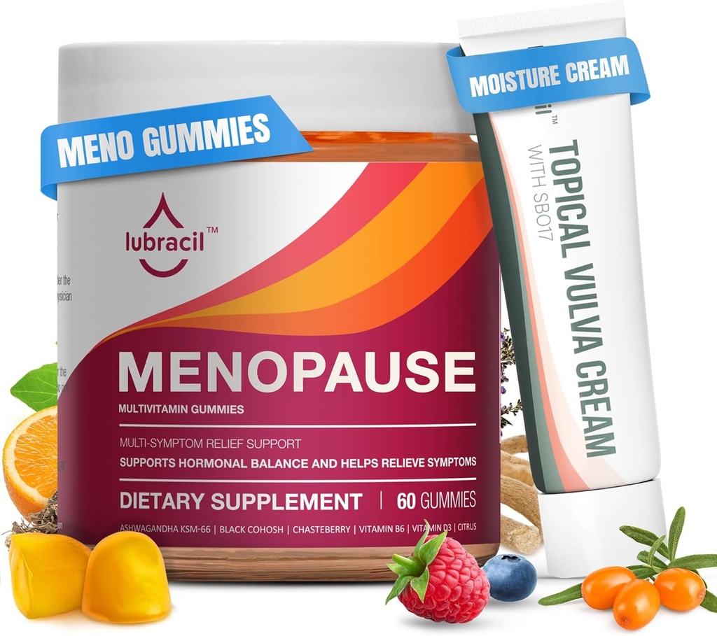 Lubracil Ménopause Gummies & Topical Vulva Cream Bundle – Soutien sans hormones pour les flashs chauds, sécheresse vaginale, démangeaisons, éwings d'humeur et sueurs nocturnes avec Cohosh noir, Ashwagandha, Omega-7 et vitamine E