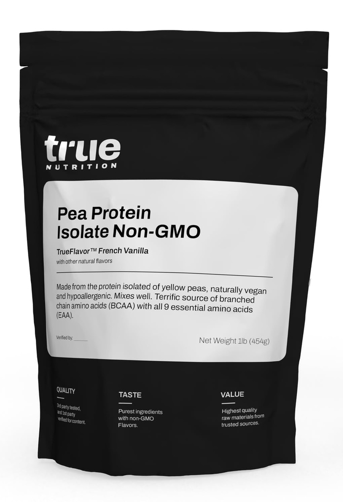 True Nutrition Pea Protein Powder Isolate - 25g Non-GMO Vegan Protein Powder per Serving - Low Carb, Low Fat, High Leucine - Glutenfrei, Dairy Free, Soy Free - French Vanilla - 1LB