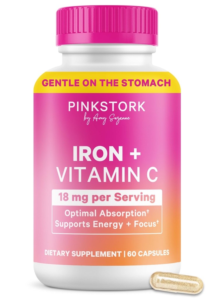 Pink Stork Iron for Women | 18 mg Chelated Iron Bisglycinate + Vitamin C | Supports Energy, Focus + Oxygen | Pregnancy, Postpartum, PMS + Perimenopause | 60 Capsules, 2-Month Supply