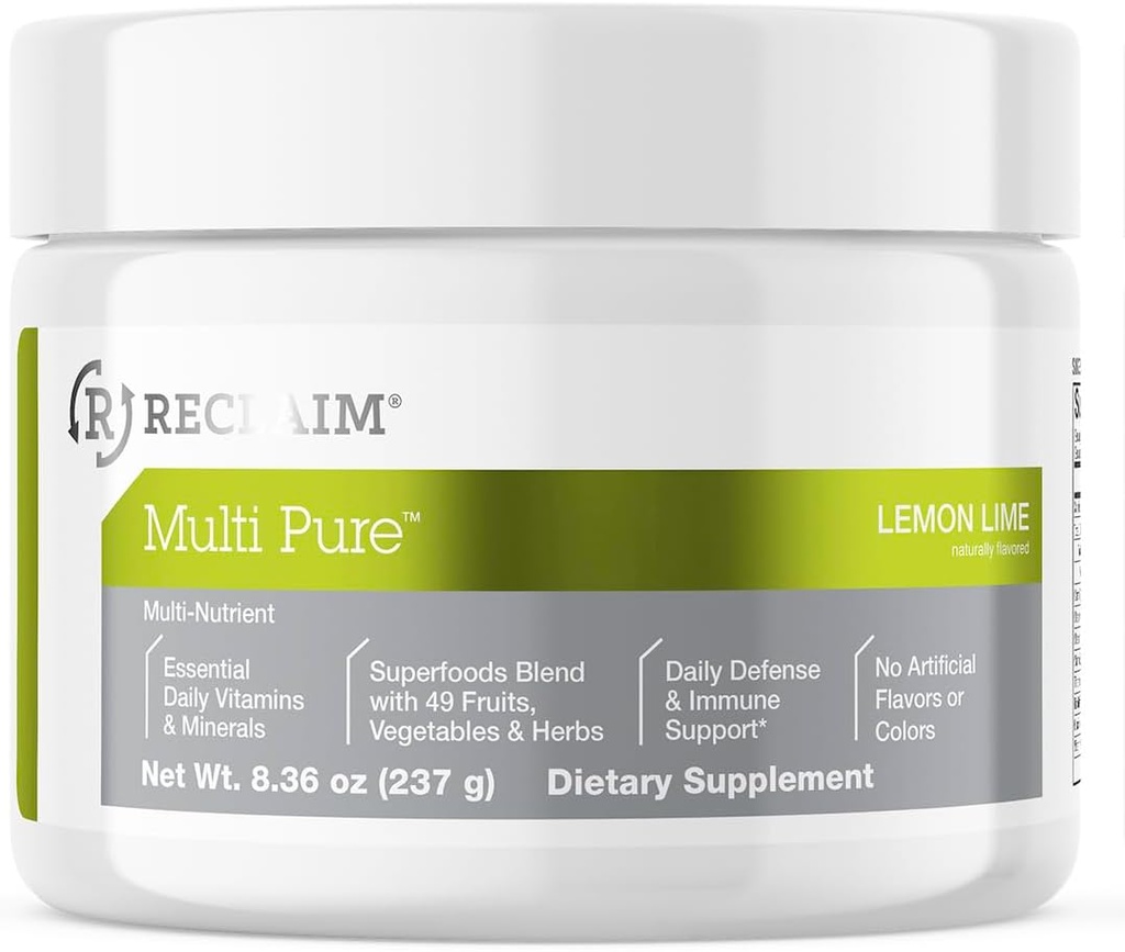 Reclaim Multi Pure Citron Lime, Immune Support, Vitamine C, Complexe Vitamine B, Probiotique, Superfood Powder, Calcium, Oxyde de magnésium, (30 portions) (Lémon Lime)
