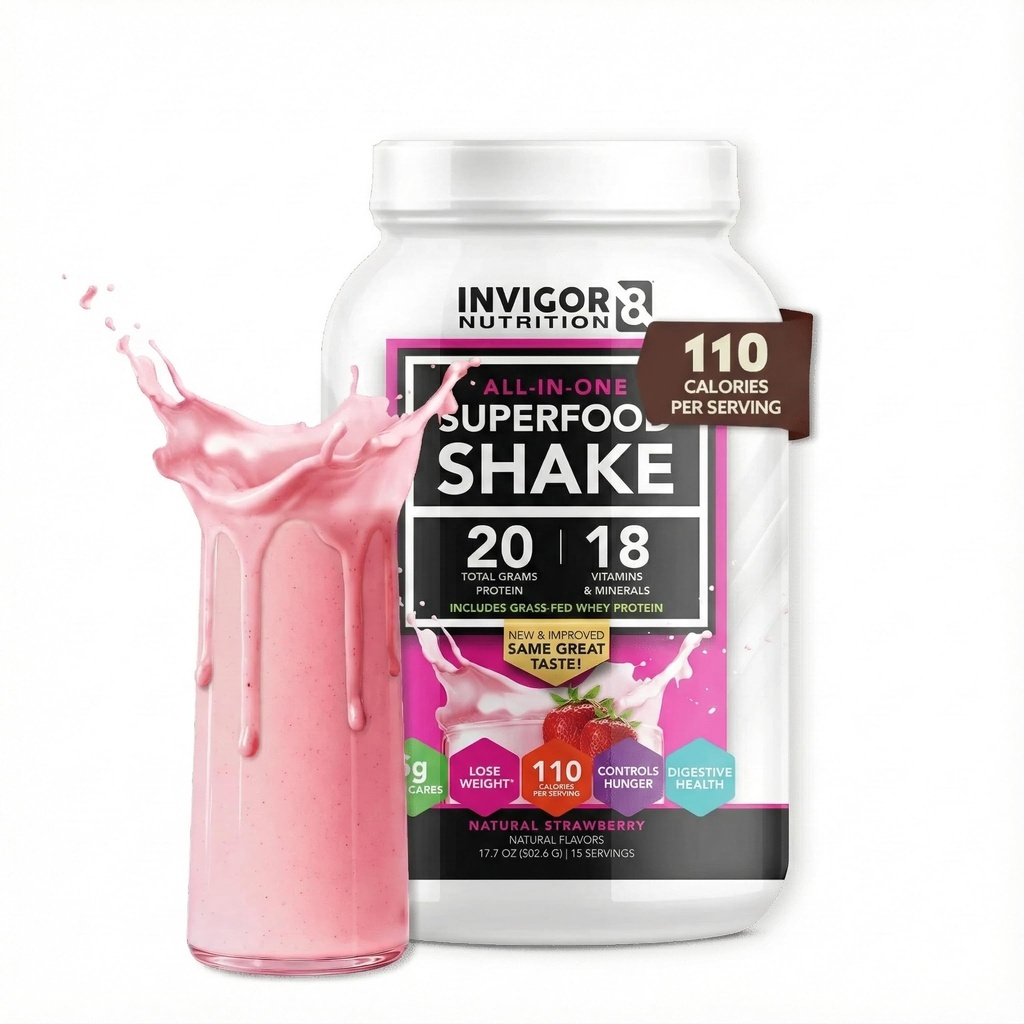 INVIGOR8 Superfood Gras Fed Whey Protein Isolate Shake Natural Strawberry Gluten-Free und Non GMO Meal Ersatz mit Probiotics und Omega 3 (645g)