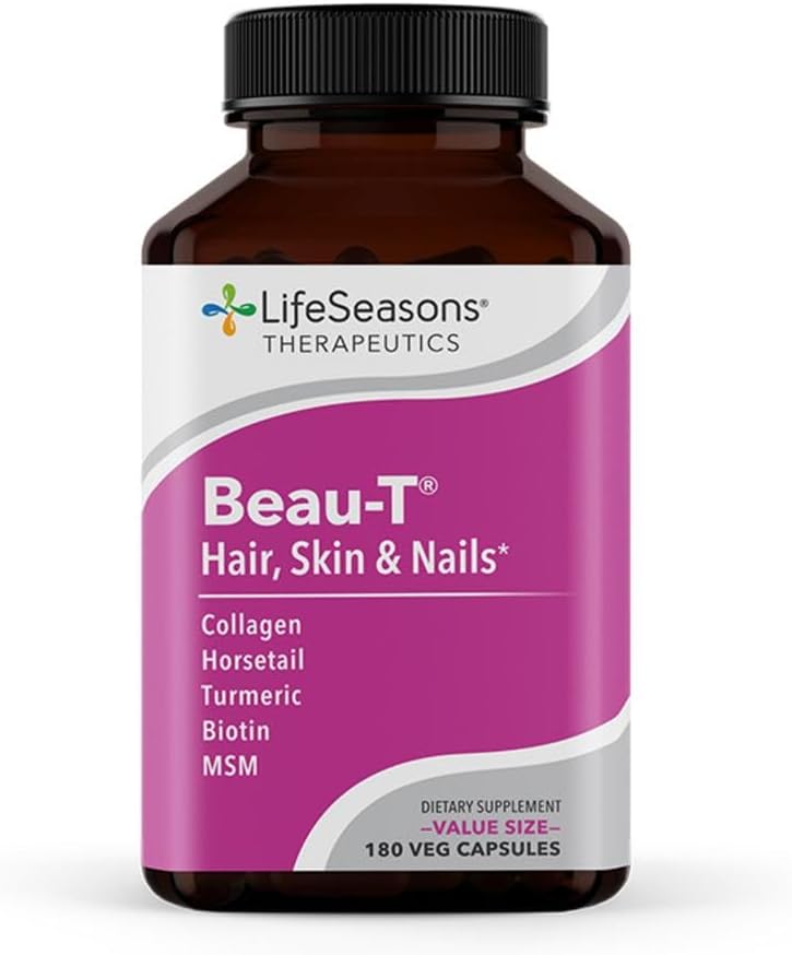 LifeSeasons Beau-T - Supplément cheveux, ongles et peau - favorise la croissance des cheveux et ongles sains - soutient la peau claire et combat l'acné - Nail Renforter - contient du collagène de biotine Turmeric - 180 capsules