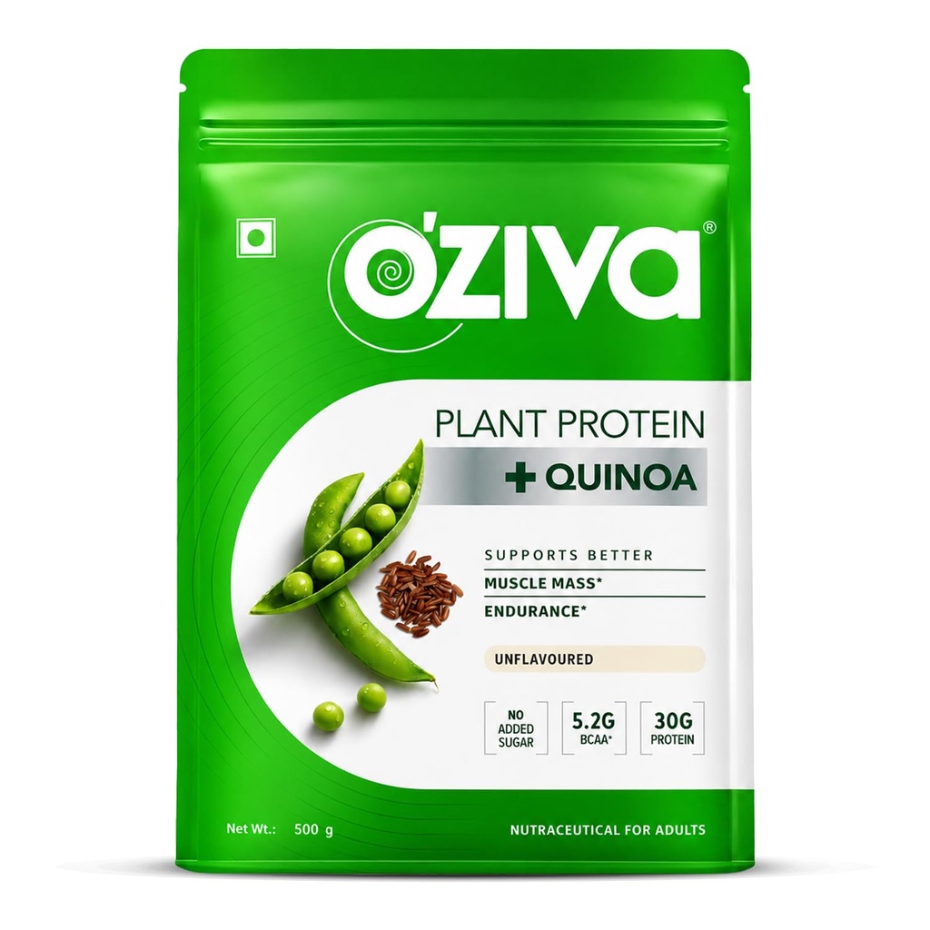 OZiva poudre de protéines végétales organiques de 500 Gm. (30g Protéines végétales - Pois Protéines a, Protéines de riz brun et quinoa, sans soja) pour le conditionnement physique quotidien, stimule l'immunité, sans saveur (1,1 lb)
