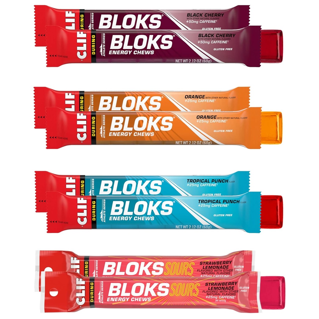 Bloks Clif - Chews énergétiques avec caféine - Pack de variétés - Non-OGM - Basé sur une plante - Carburant rapide pour le vélo et la course - Glucides rapides et électrolytes - 2,12 oz. Packets (8 Compte)