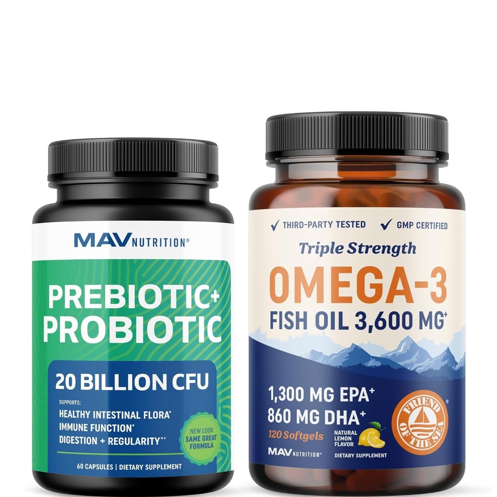 Omega 3 Fischöl und Probiotische Kapseln | Dreifache Stärke EPA & DHA mit Probiotic Gut Health & Immun Support Supplement | Umfassende Wellness Bundle