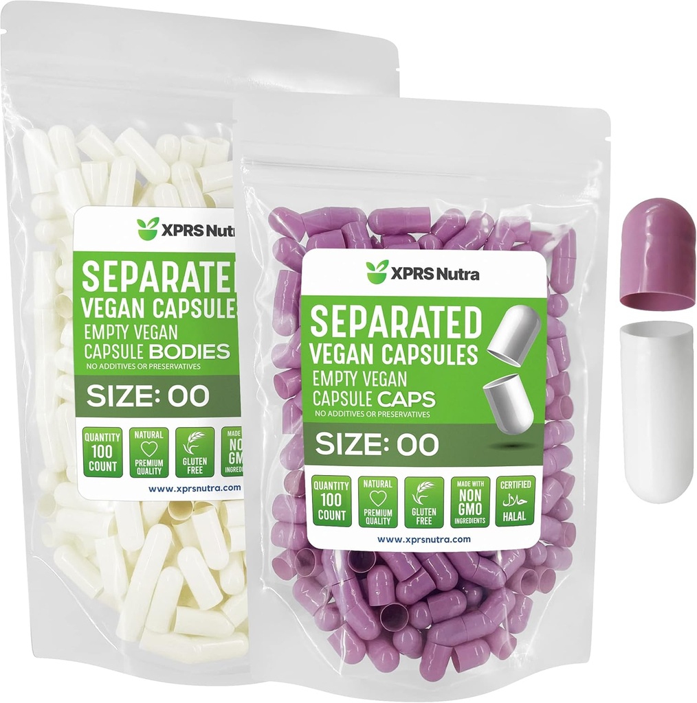 XPRS Nutra Vegan Größe 00 Getrennte Kapseln - 100 Count Premium Leer Kapseln Getrennt in Taschen - 00 Pillen Leer für DIY Ergänzung Füllung (Lavender/White)