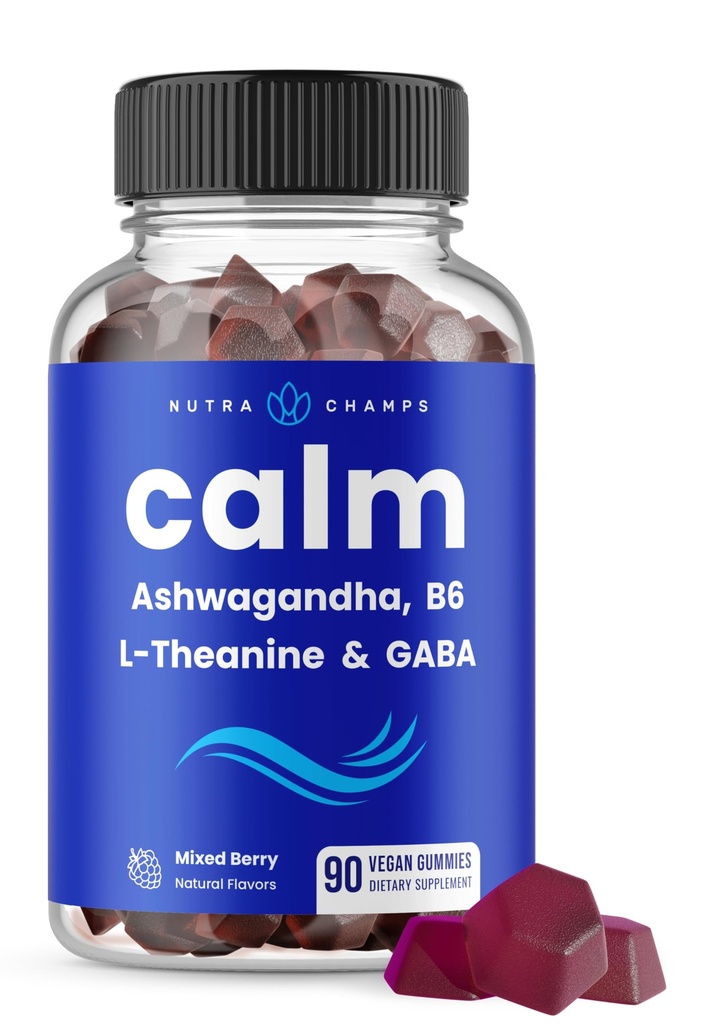 NutraChamps Calm Gummies, Stress Gummies Supplement with Ashwagandha, L-Theanine, GABA, Vitamin B6 & Lemon Balm, Supports Mood, Focus & Stress Relief, Natural Berry, 90 Gummies