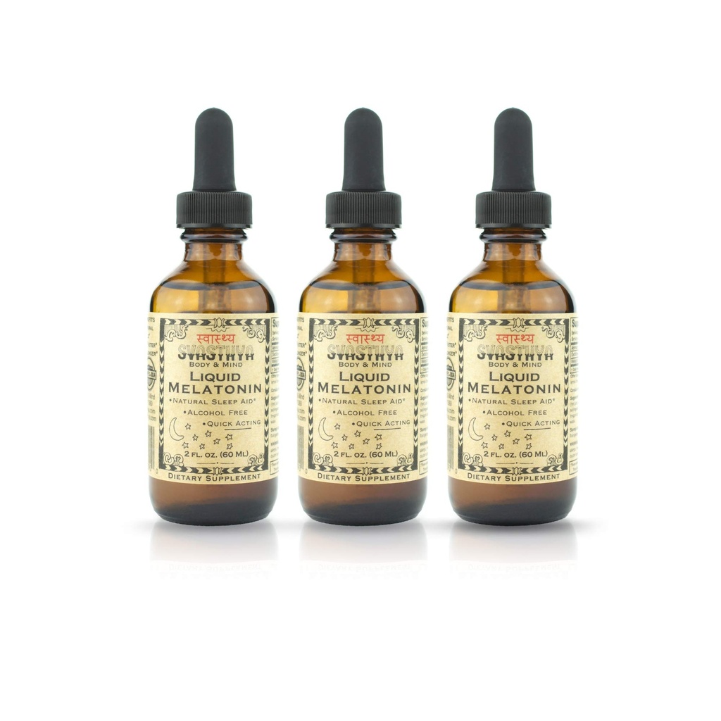 Svasthya Body & Mind Liquid Melatonin - Fördert natürlichen Schlaf - Alkoholfrei für Erwachsene und Kinder, Made in USA, GMP, 2 oz - 3 Pack