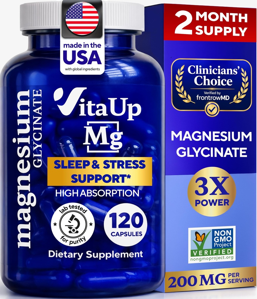 Magnesium Glycinate 200mg - USA Made Magnesium Supplement for Sleep, Heart, Bones, Metabolism Support - Hohe Absorption Magnesium Bisglycinat Kapseln - 120 Vegan Chelat Kapseln