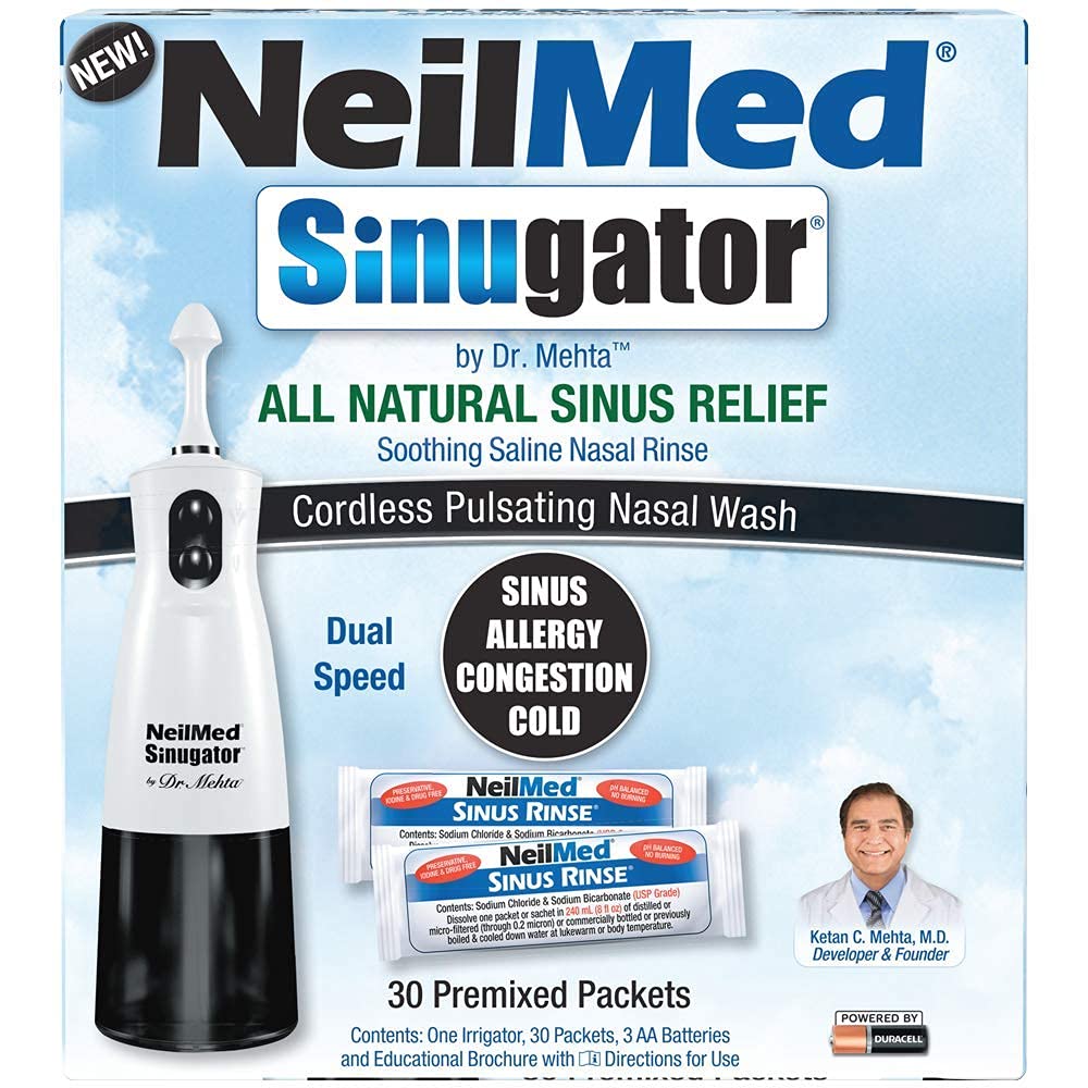 NeilMed Sinugator Cordless Pulsating Nasal Irrigator (Dual Speed) mit 30 vorgemischten Paketen und 3 AA Batterien - Schwarz (Pack von 1)
