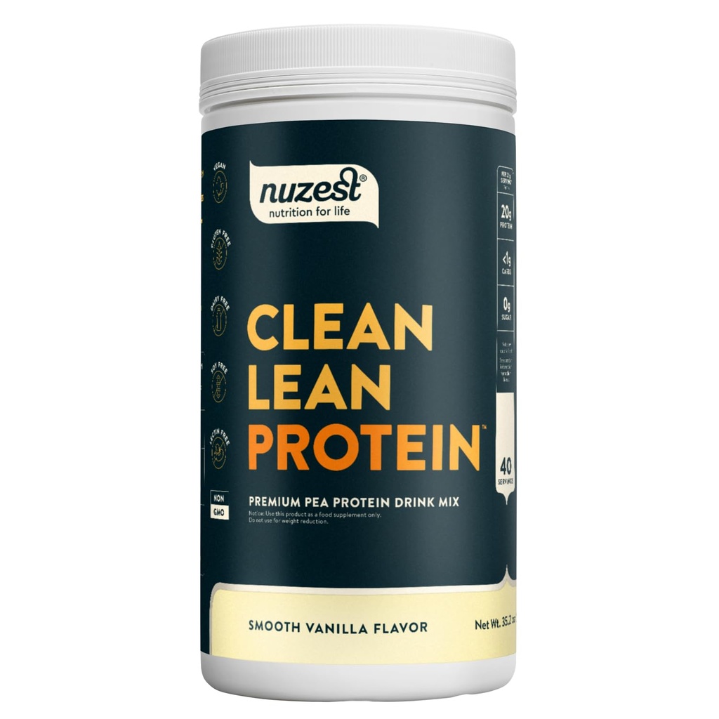 Nuzest - Pea Protein Powder - Clean Lean Protein, Premium Vegan Plant Based Protein Powder, Dairy Free, Gluten Free, GMO Free, Protein Shake, Glatte Vanille, 40 Servierungen, 2.2 lb