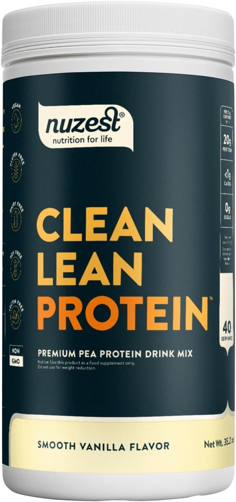 Nuzest - Pea Protein Powder - Clean Lean Protein, Premium Vegan Plant Based Protein Powder, Dairy Free, Gluten Free, GMO Free, Protein Shake, Glatte Vanille, 40 Servierungen, 2.2 lb