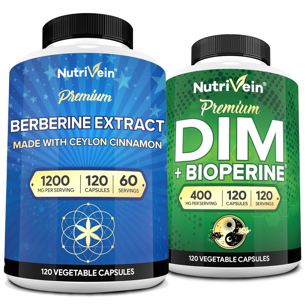 Nutrivein Premium DIM & Berberine Supplement Bundle: Supplément à haute absorption Berberine & DIM avec Bioperine - pour l'équilibre hormonal, la régularité digestive, le métabolisme et le bien-être général