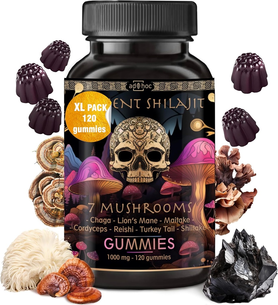 ad hoc Shilajit Pure Himalayan Organic Gummies - Immununterstützung, Energie-Supplements - Shilajit Resin Lions Mane, Cordyceps, Reishi, Türkei Tail, Chaga,Shiitake Mushroom Gummies (120 Ct)