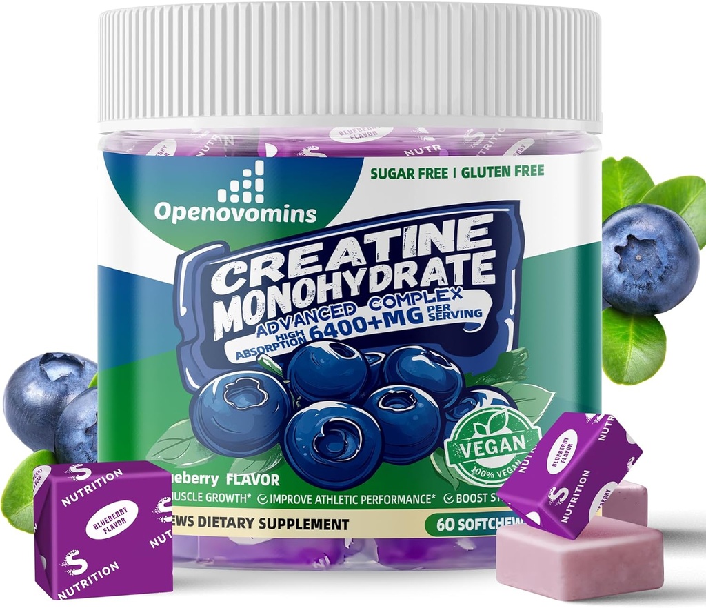Creatine Monohydrat Soft Chews Complex 6400mg für Herren & Frauen - Fortgeschrittene Formel W/L-Taurine + Vitamin B12, Sugar Free Chewable Supplement,60 Blueberry Softchews