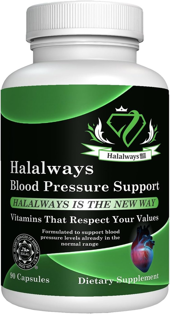 Halalways Blutdruckunterstützung Certified Halal Supplement Natürliche BP-Unterstützung mit Knoblauch-Bulb-Pulver, Hawthorn Berry, Grüner Tee Blatt & Hibiscus Vitamine für gesunde Hypertonie (BP)