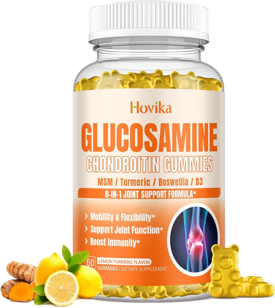 Glucosamine Chondroitin MSM Gummies 1500mg - Joint Support Supplement with Turmeric, Boswellia, Vitamin D3, Hyaluronic Acid, Antioxidant, Immune Support for Adults, Men & Women Vegan, 60 Gummies