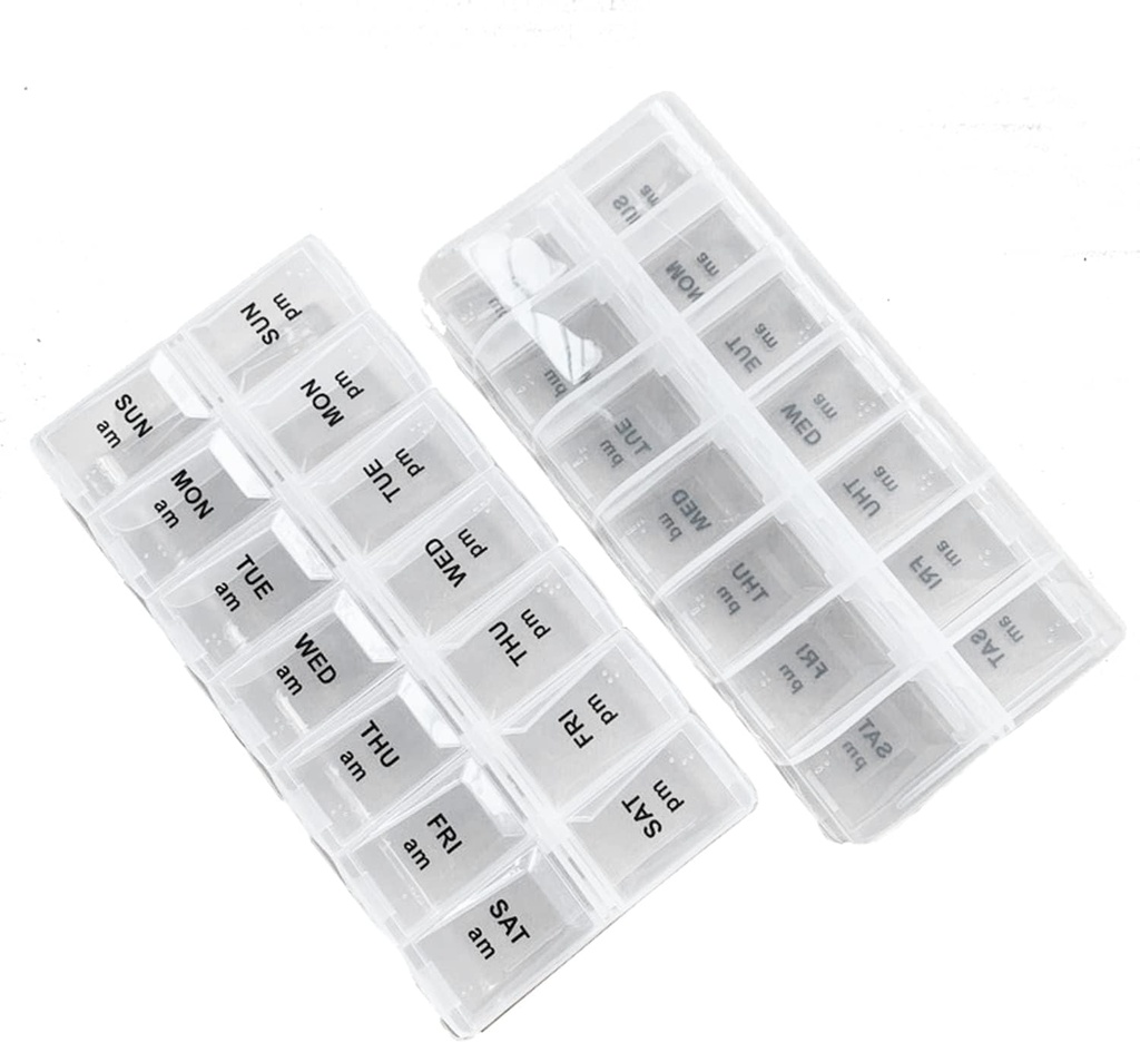 2 Pack OPP Clear Daily Pill Box Organizer, Wöchentliche Pille Organizer 2 Mal pro Tag für Pillen, Ergänzungen und Medikamente, Am Pm Pill Organizer 7 Tage, Pille Box 7 Tag - 6.7 x 3.2 x 1 Zoll
