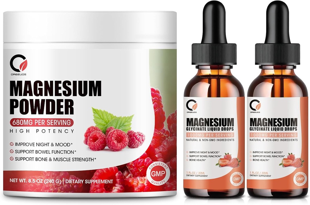 Magnesium Glycinat Tropfen & 680mg Magnesium Glycinat Komplexes Pulver für Männer & Frauen, Unterstützung Energie, Nacht, Muskel & Gelenk Funktion, Non-GMO, Vegan