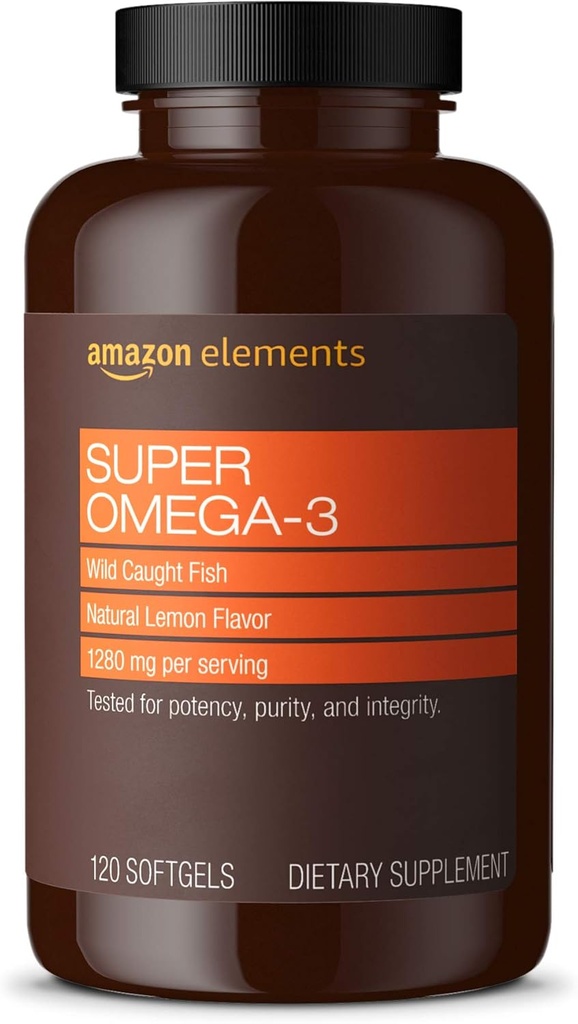 Elemente Super Omega-3, EPA & DHA Omega-3-Fettsäuren (1280 mg pro Servierung, 2 Softgels), Natürliche Zitronengeschmack, 120 Count (Verpackung kann variieren)