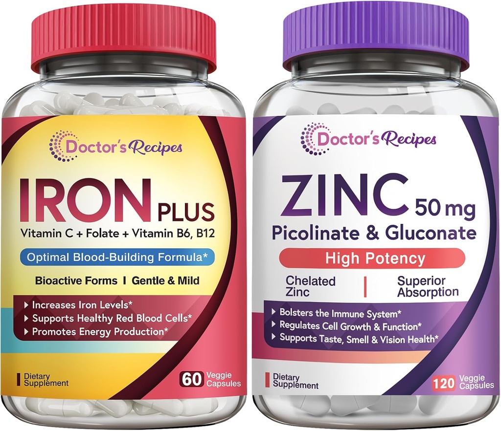 Arzt Rezepte Eisen und Zink Bundle - Energie, Blutunterstützung, Immungesundheit für Männer und Frauen, hohe Absorption, Non-GMO
