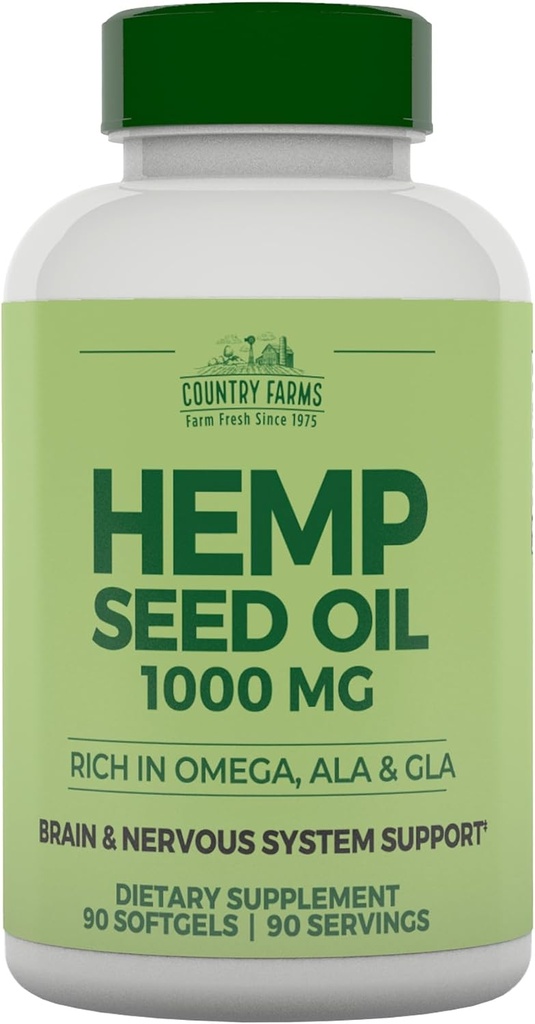 PAYS FARMES Huile de graines de chanvre 1000mg, riche en oméga, ALA et GLA, support immunitaire, 90 Nombre