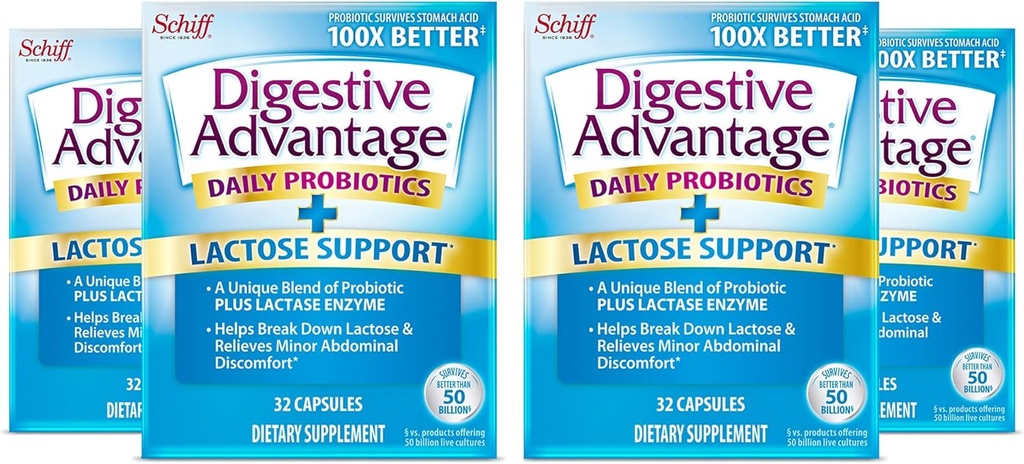 Digestive Advantage Lactose Defense - Découpe le lactose pour se défendre contre les troubles digestifs, 32 Capsules (Pack de 4)