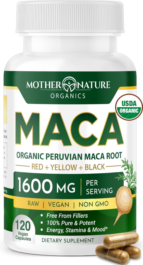 Mutter Natur Bio Maca Root Capsules – 1600mg, 120 Vegan Capsules – Non GMO Peruvian Yellow, Red & Black Maca für Männer & Frauen - Energie, Hormon, Gehirn & Gewicht Well-Being