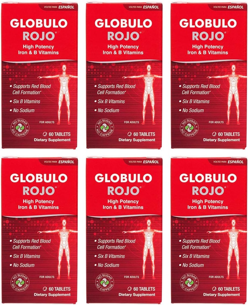 Globulo Rojo Eisen Supplement - Nahrungsergänzungsmittel Pillen mit hoher Potenz Eisen & B Vitamine, 60 Tabletten - 6 Packung