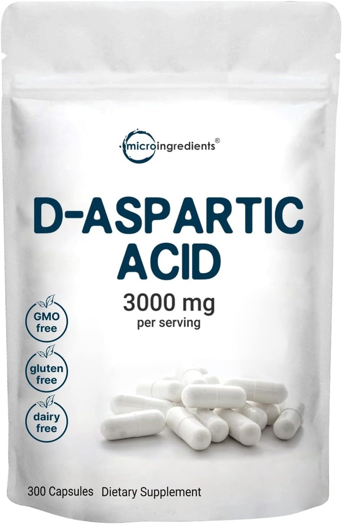 Micro Ingredients D-Aspartic Acid 3.000mg pro Servierung, 300 Kapseln | Pure DAA für Energie, Testosteron & Performance Support | Non-GMO, Gluten-Free, Soy-Free