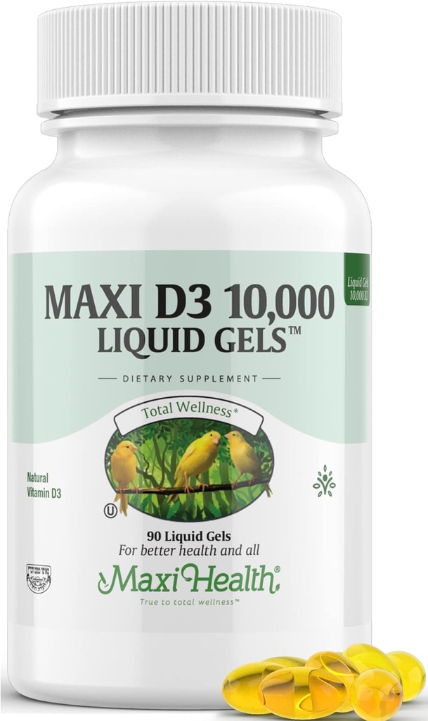 Maxi Health Vitamin D3 10000 IU Softgels Supplement - Pure VIT D3 für Kalziumabsorption, Immungesundheit und Knochenunterstützung für Erwachsene Frauen und Männer - Vitamina D - Liquid D3 10000 IU Softgels (90)