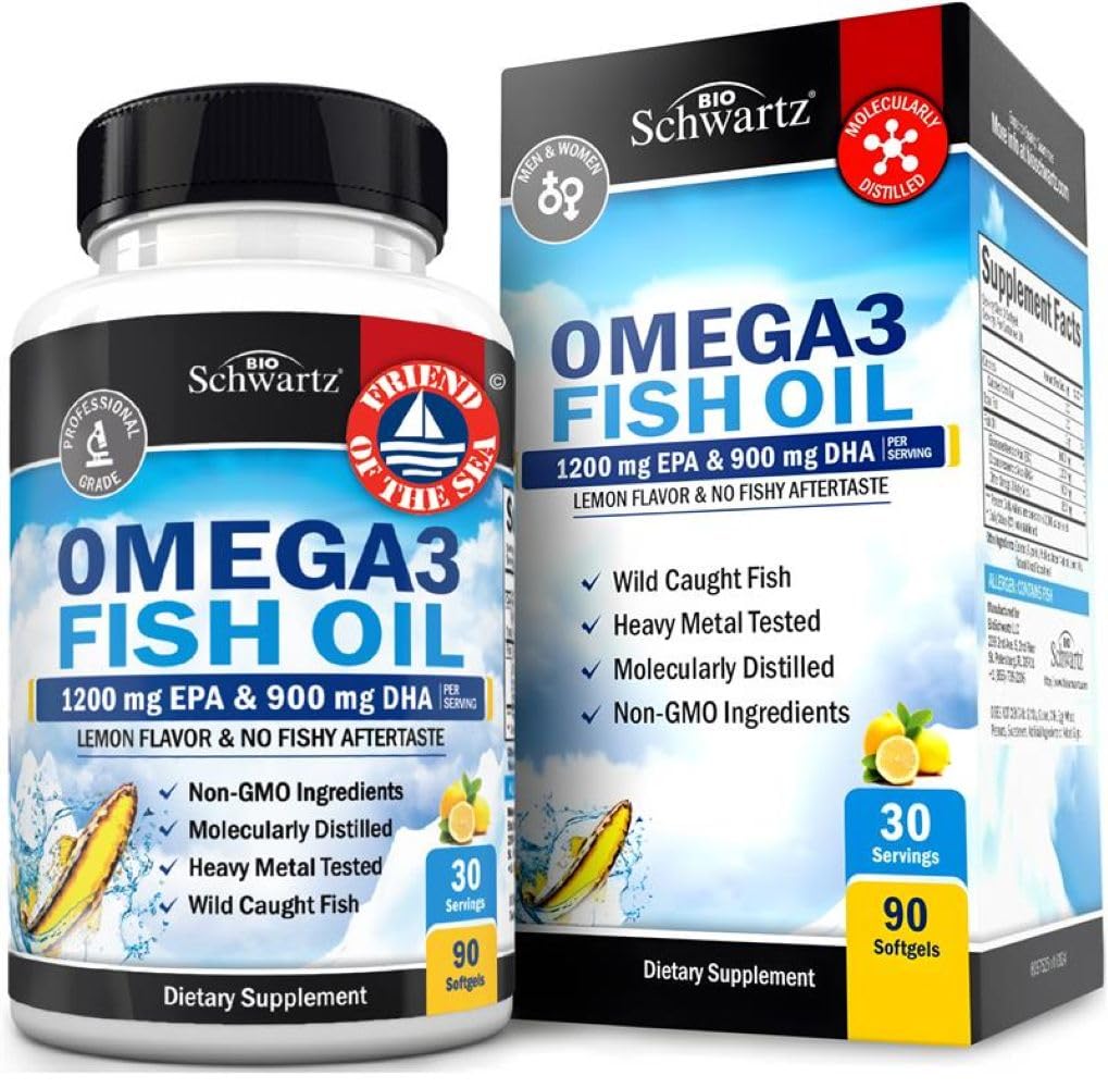 Triple Strength Omega 3 Huile de poisson 3000mg - supplément Omega 3 de puissance élevée pour les femmes et les hommes, sans Burpless L'huile de poisson au citron - 2250mg Acides gras essentiels avec DHA & EPA, prise sauvage, 90 Softgels